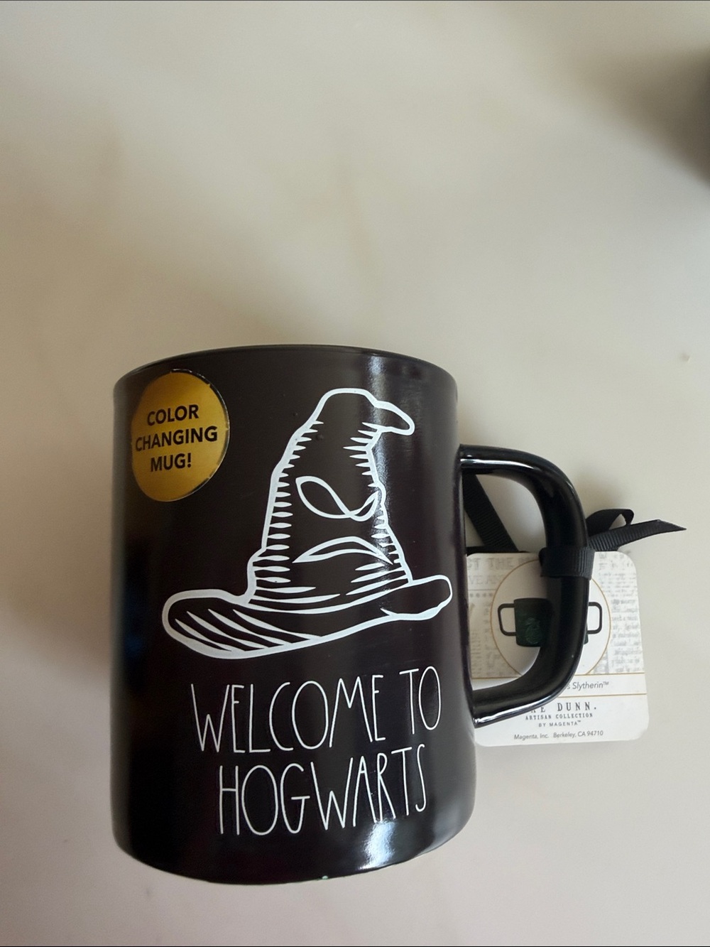 Rae Dunn Black Welcome to Hogwarts Mug with White Sorting Hat Graphic